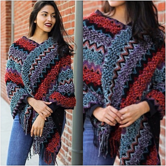 Cozy Bohemian Knit Sweater Poncho O/S - Picture 2 of 6